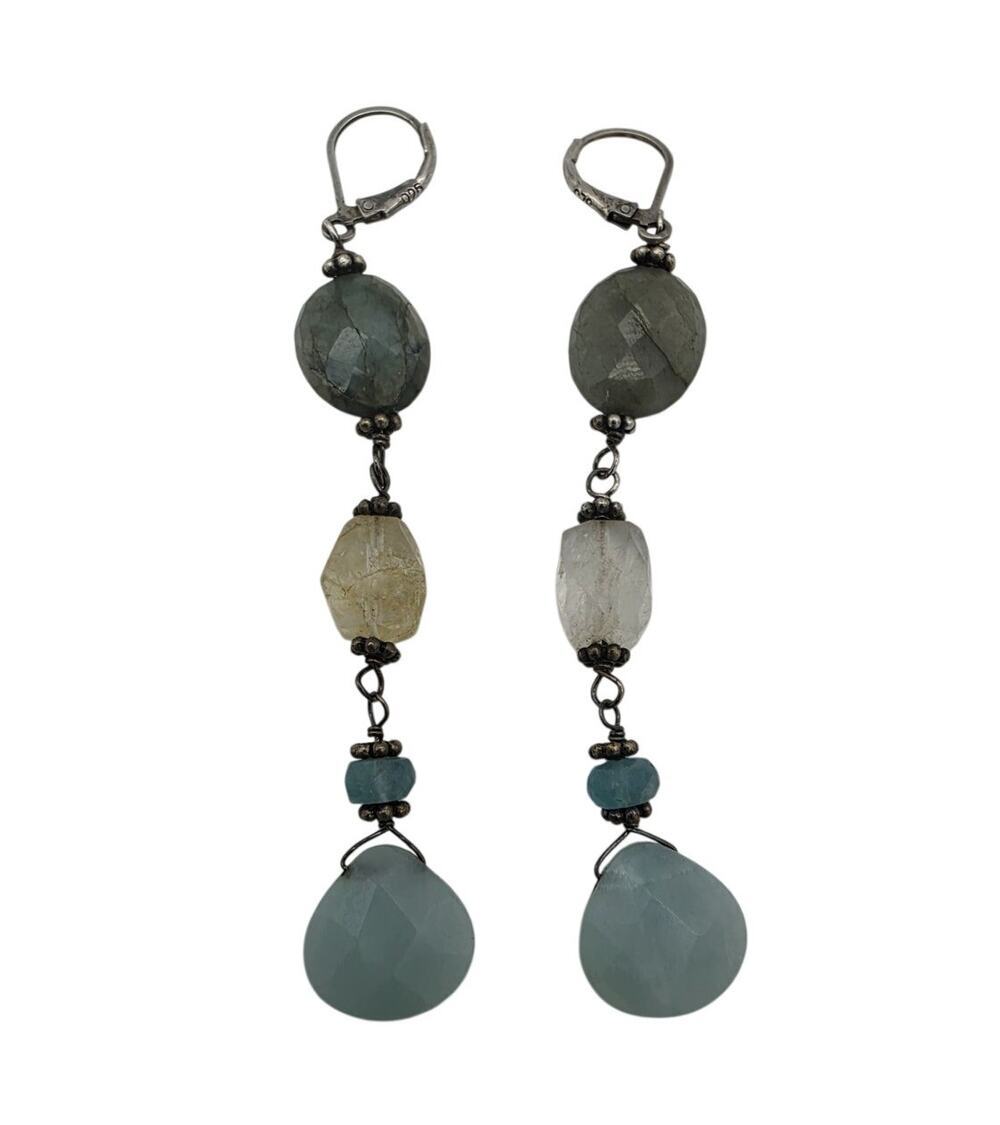 Vintage Sterling Silver Natural Stones Dangle Earrings